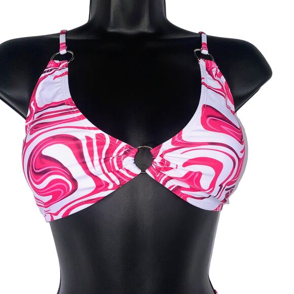 New Small Hot Pink Swirl Bikini O Ring Triangle Padded Top Swimsuit Y2k‎ 90s - Picture 3 of 4